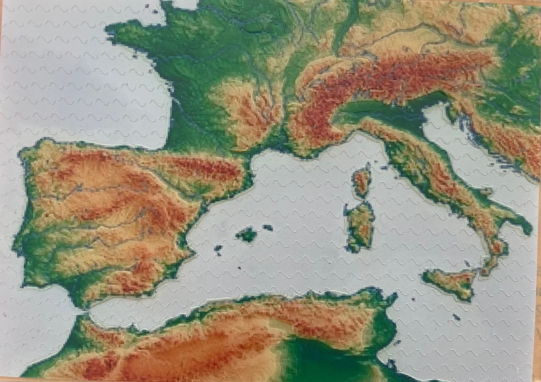 "A map with raised landmasses and points of interest."