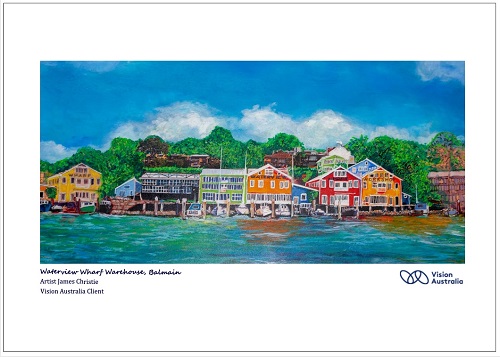 A painting titled Balmain Wharf from the 2020 Calendar featuring boat sheds and a jetty overlloking water