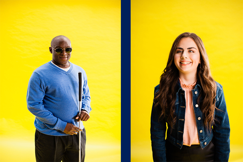 2 clients, a man holding a cane and a young woman smile to camera