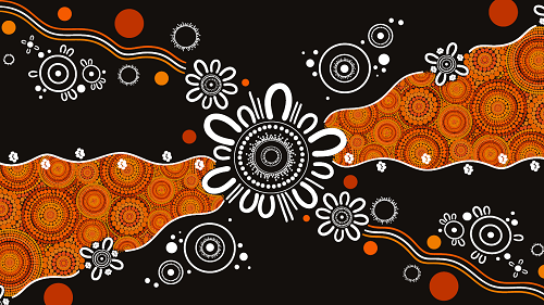 Black background with a series of white circles and dots. From the centre, two pathways lead out to the left and right. They are filled with a series of orange and red dots