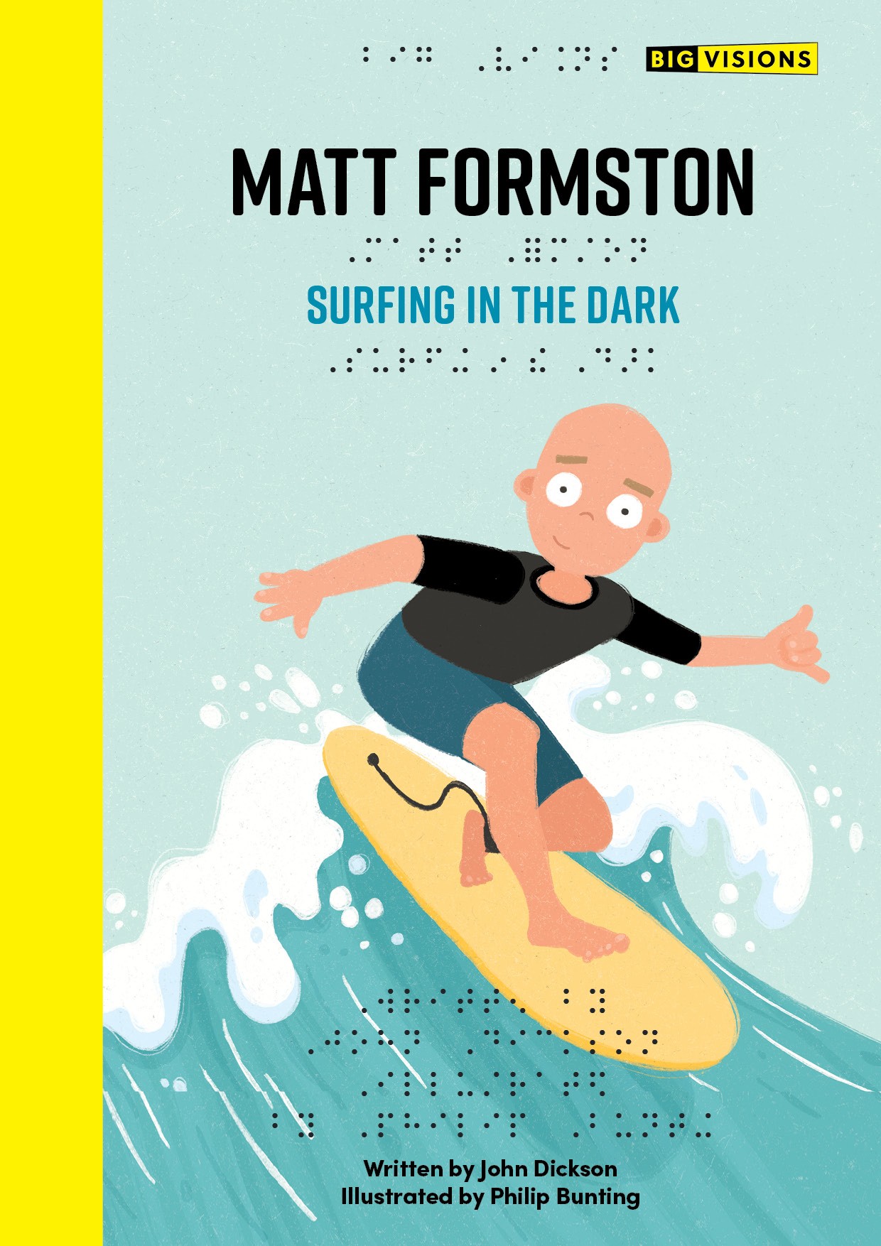 A book cover with a cartoon man surfing