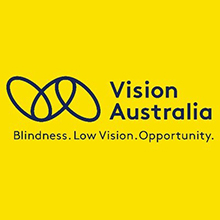 Vision Australia logo: Three interlinked navy ovals on a yellow background. Text read: Vision Australia: Blindness. Low Vision. Opportunity.