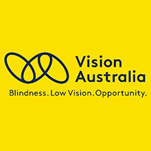 Vision Australia logo: Three interlinked navy ovals on a yellow background. Text read: Vision Australia: Blindness. Low Vision. Opportunity.