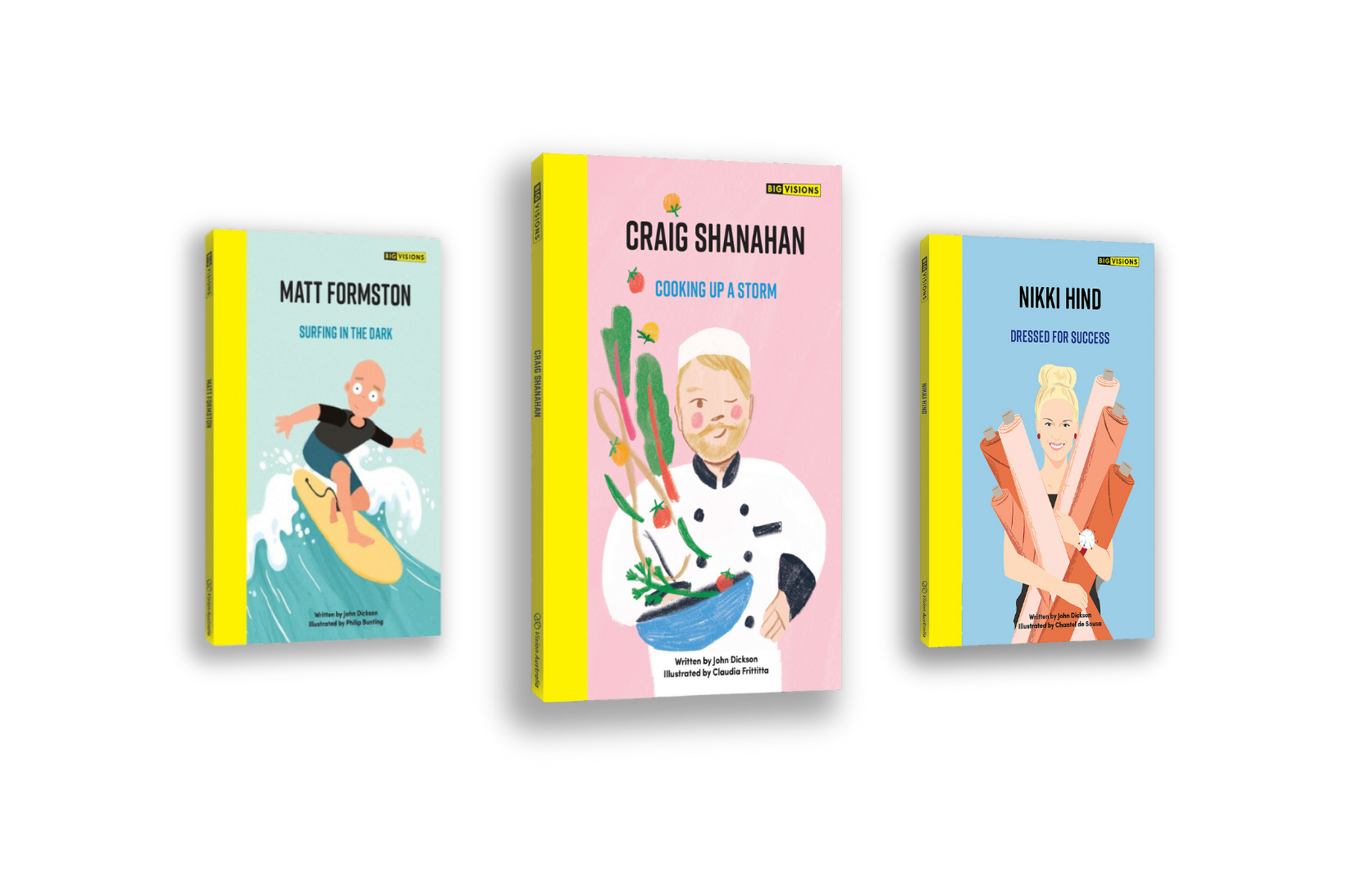 Three books from the Big Visions book series - 'Surfing in the Dark', 'Cooking Up a Storm', and 'Dressed for Success'