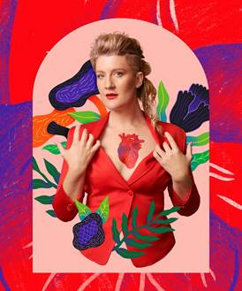 The upper half of a woman with blonde hair is encircled with paintings of purple flowers and leaves. Her little fingers pull aside the lapels of her red jacket to reveal a drawing of a red and purple human heart on her chest.