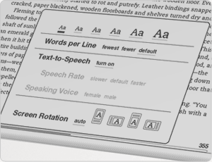 kindle screen showing changing text size and text to speech option