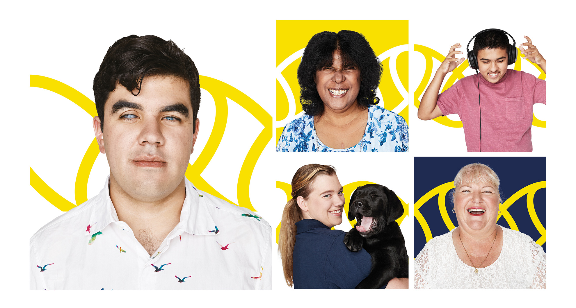  Collage of 5 photos, includes Santiago - client, Jayna - client, Amish - client, Debra - volunteer and Brit - staff member holding a black Labrador puppy.