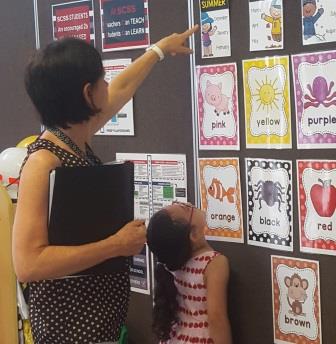 Vision Australia occupational therapist Patricia shows Paisley words and matching pictures on the wall. 
