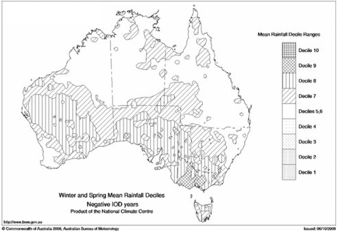 Map of Australia illustrating the Winter and Spring Mean Rainfall Deciles - Negative IOD years. Please read below for a textual description.