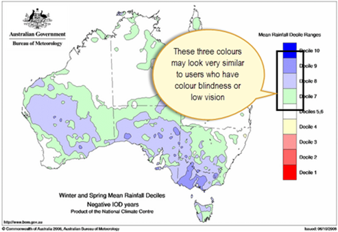 Coloured map of Australia illustrating how similar shades of colour (blues and greens) are used for each data variable in the legend.