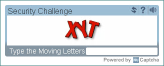 NuCAPTCHA Security Challenge showing letters XYT, a text field to type these letters, reset, help and audio version buttons. 
