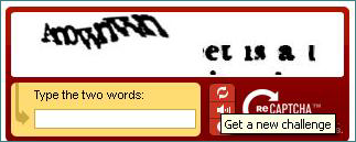 reCAPTCHA showing two distorted word images, a text field for users to type these words, and buttons to reset the CAPTCHA, get help or request an audio version.