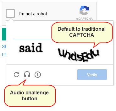No CAPTCHA reCAPTCHA has defaulted to traditional reCAPTCHA using distorted characters. An audio icon is shown at the bottom of the reCAPTCHA. 