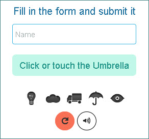 Users are asked to find and then click or touch the umbrella icon. There are reset and audio version buttons.