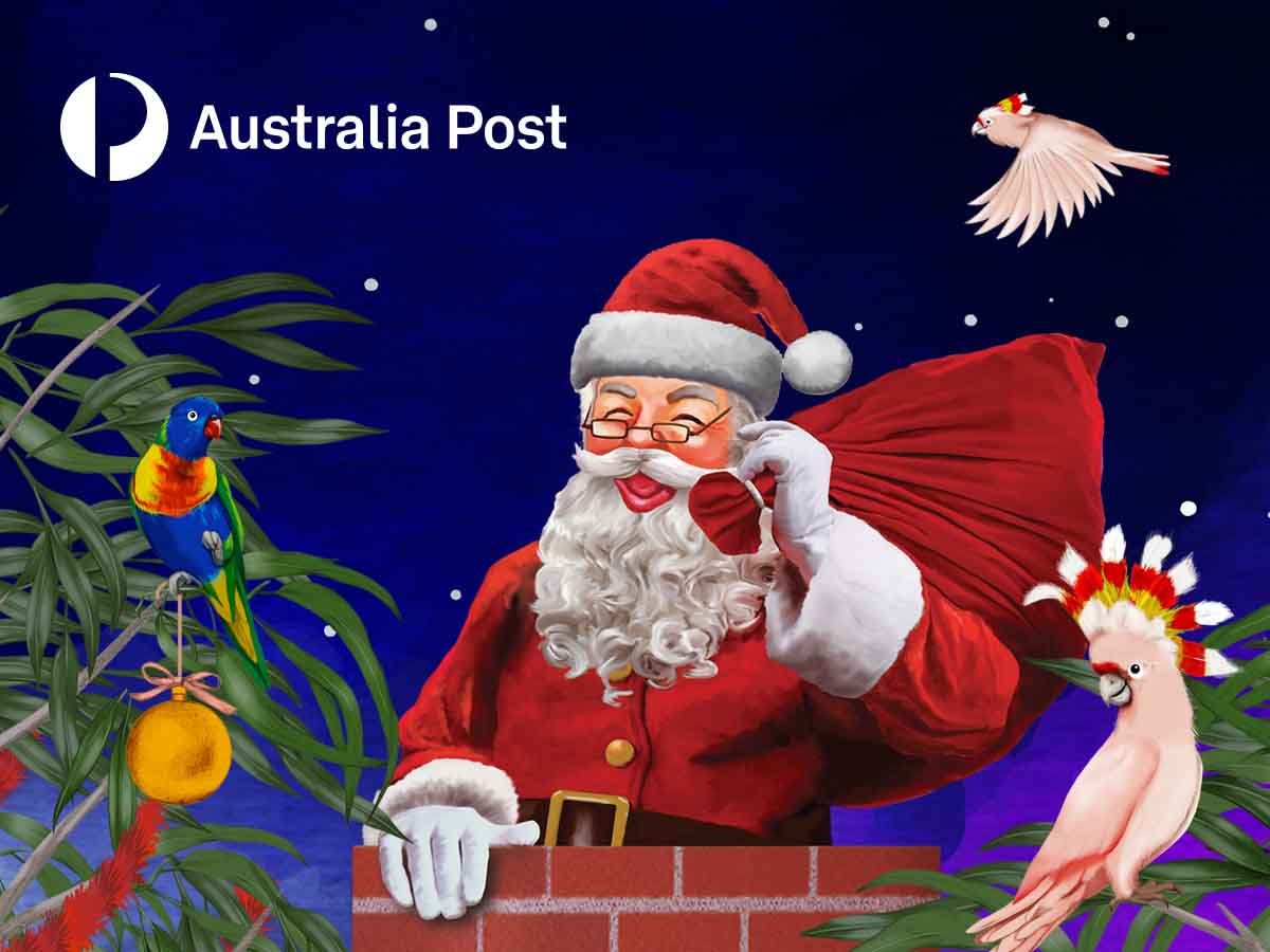 "Santa in a chimney with a red bag over his shoulders. A cockatoo and a Rosella bird are in the background."