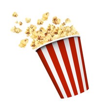 Image of a red and white striped popcorn tub spilling out popcorn.