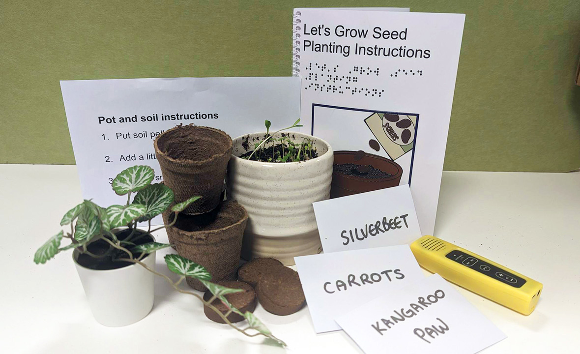 Seed Library pack including a seedling pot, seeds, and planting instructions