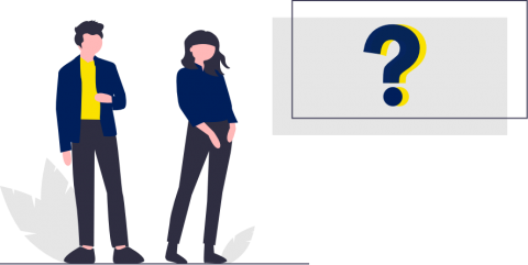 A cartoon man and women next to a box with a question mark in it