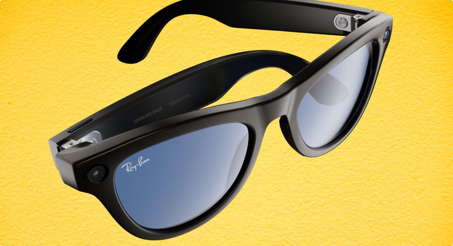 An image of the Meta AI glasses on a yellow background. 