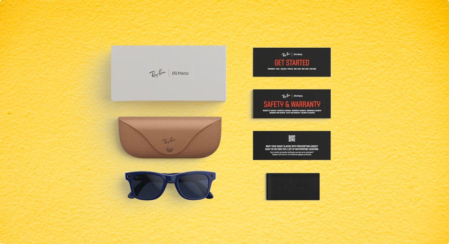 The contents of the Ray-Ban Meta AI Glasses box spread out including the glasses, charging case and documentation.  