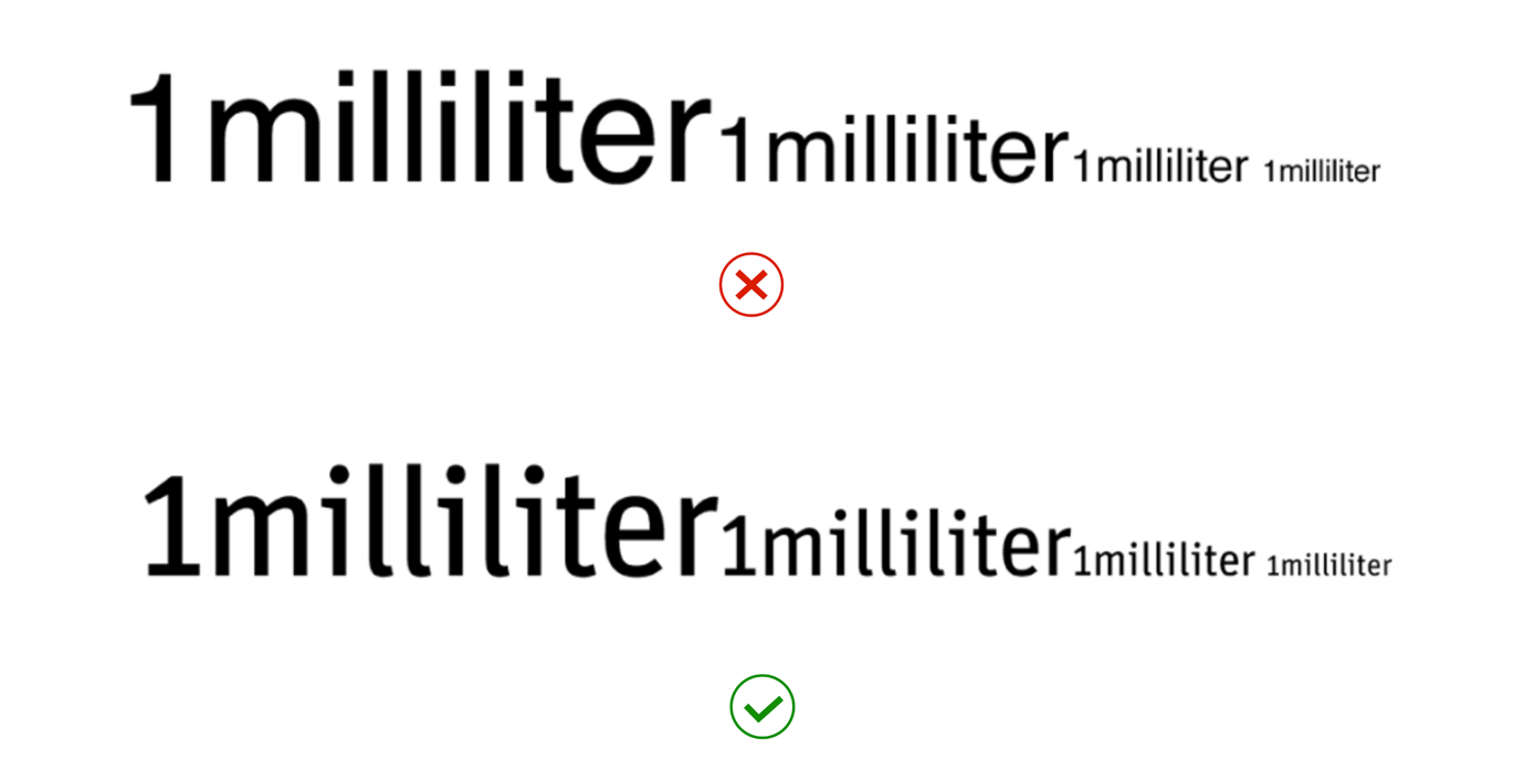 The text ‘1 millimeter’ is set in two different typefaces. Each shown at 4 different sizes (shown from largest on the left-hand side to smallest on the right-hand side).  The typeface shown at the top of the image has imposter letters which makes the ‘i’ and ‘l’s very difficult to distinguish, particularly at the smaller sizes. The second typeface shown has unique characters (like a curved bottom of the lower case ‘l’) and is much easier to read at larger and smaller sizes.
