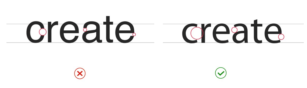 The word ‘create’ is shown in two typefaces (set at the same text size). Red circles are used to highlight the apertures (open space on the ‘c’, ‘a’ and ‘e’). The typeface on the right has more open apertures and is easier to read.